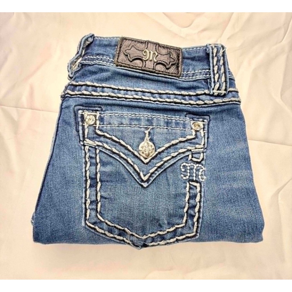 Miss Me Womens‎ 29 Blue Denim Capris Thick Stitch Flap Pocket Embellished